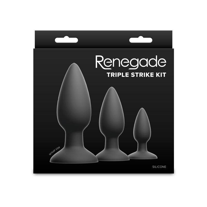 Renegade Triple Strike Silicone Anal Plug Training Kit with three black plugs.