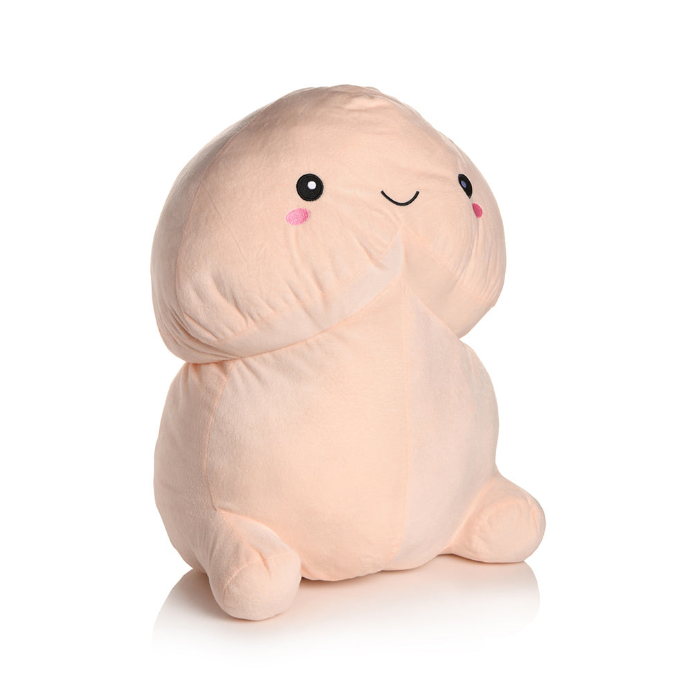 A light peach colored plush body pillow with a smiling face.