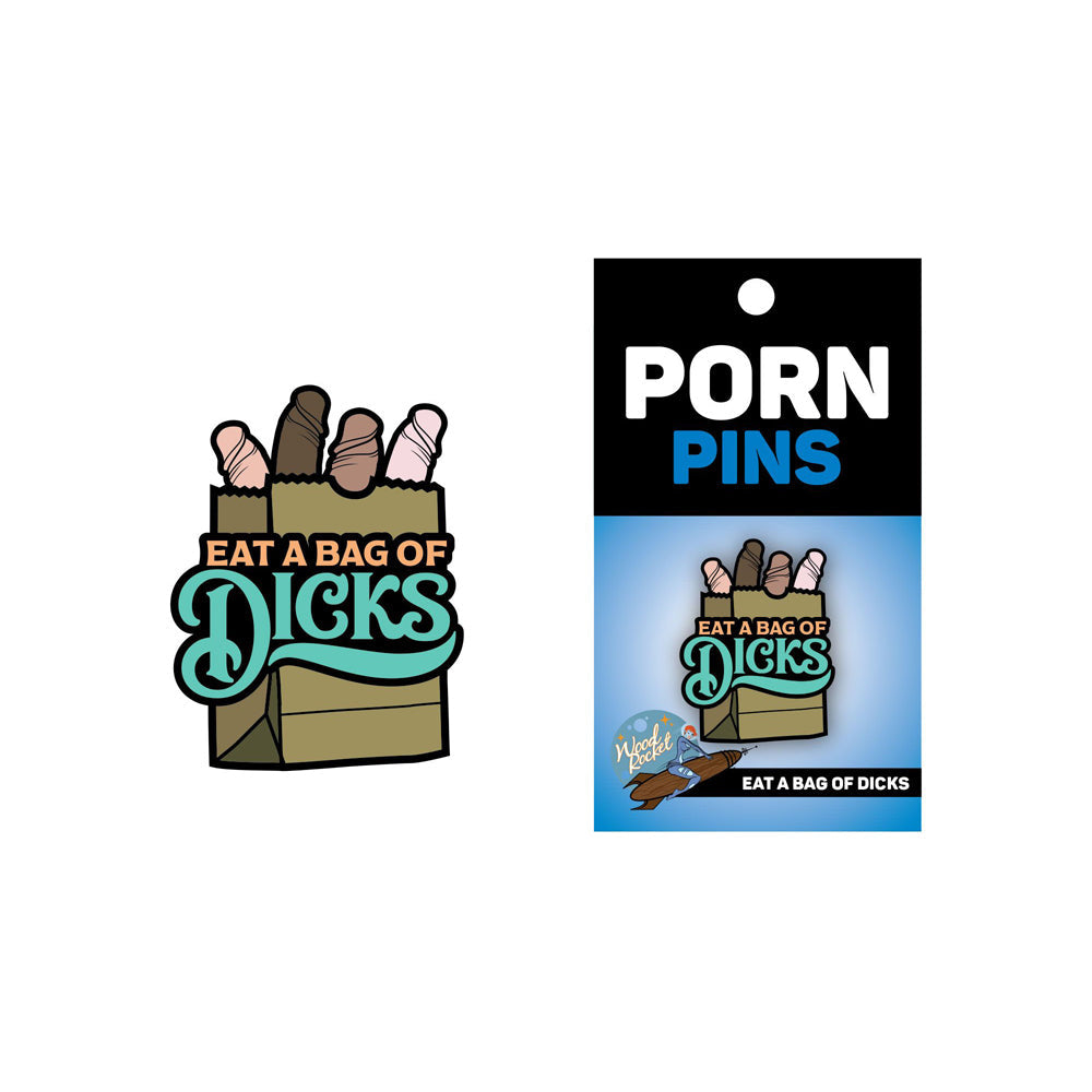 Eat a Bag of Dicks soft enamel lapel pin with a brown paper bag and phallic shapes.