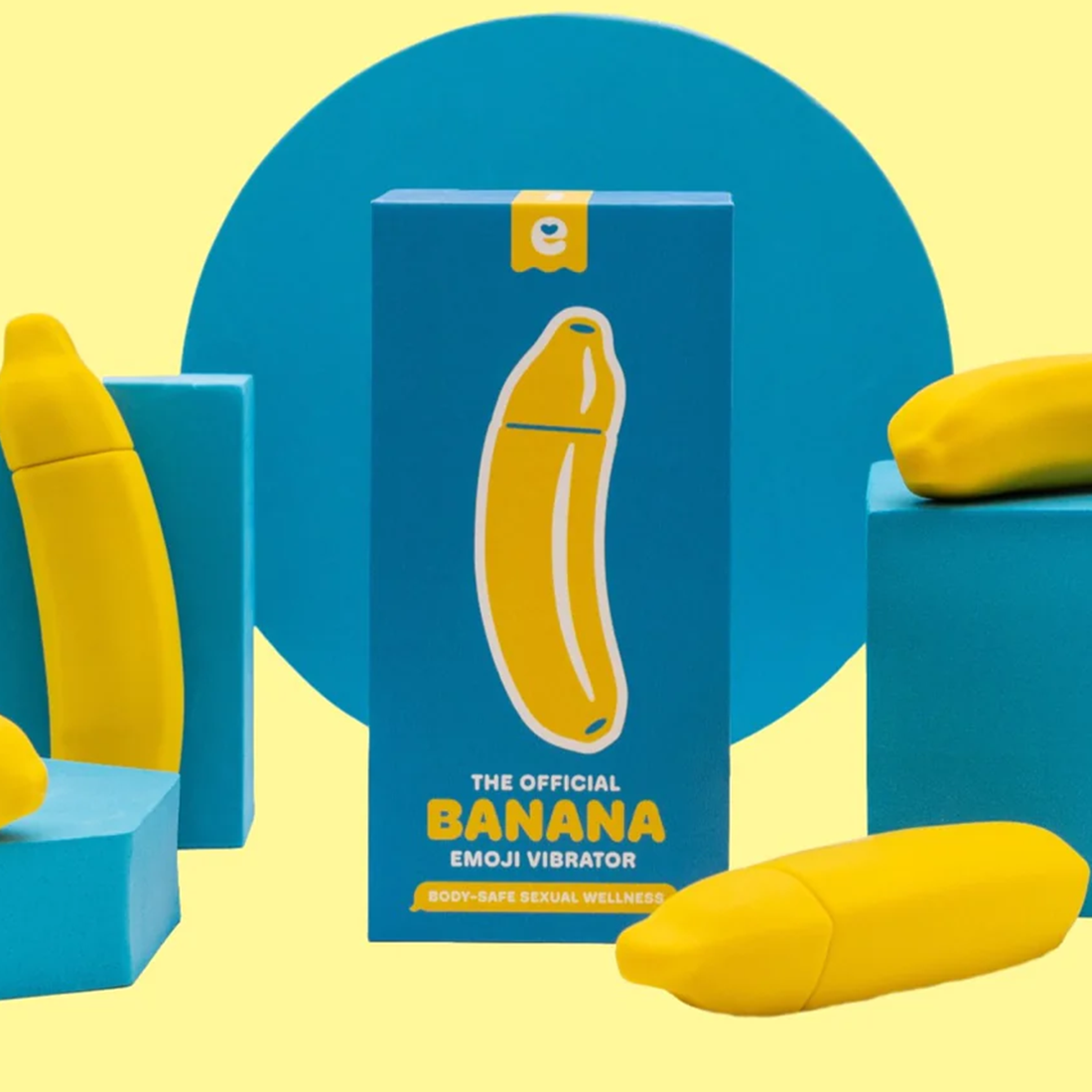 Yellow banana-shaped vibrator with a blue box featuring a banana emoji.