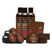 Kashmir Musk Hemp Seed body care set with oils, skin butter, and candles.