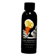A bottle of vanilla edible massage oil with an ice cream cone graphic.