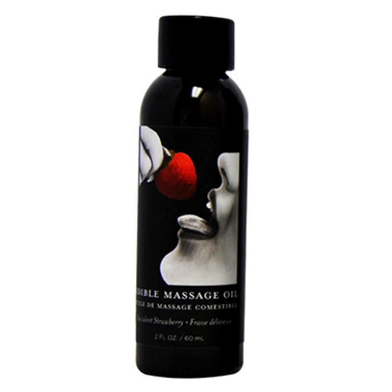 Bottle of strawberry edible massage oil with a graphic of a strawberry and lips.