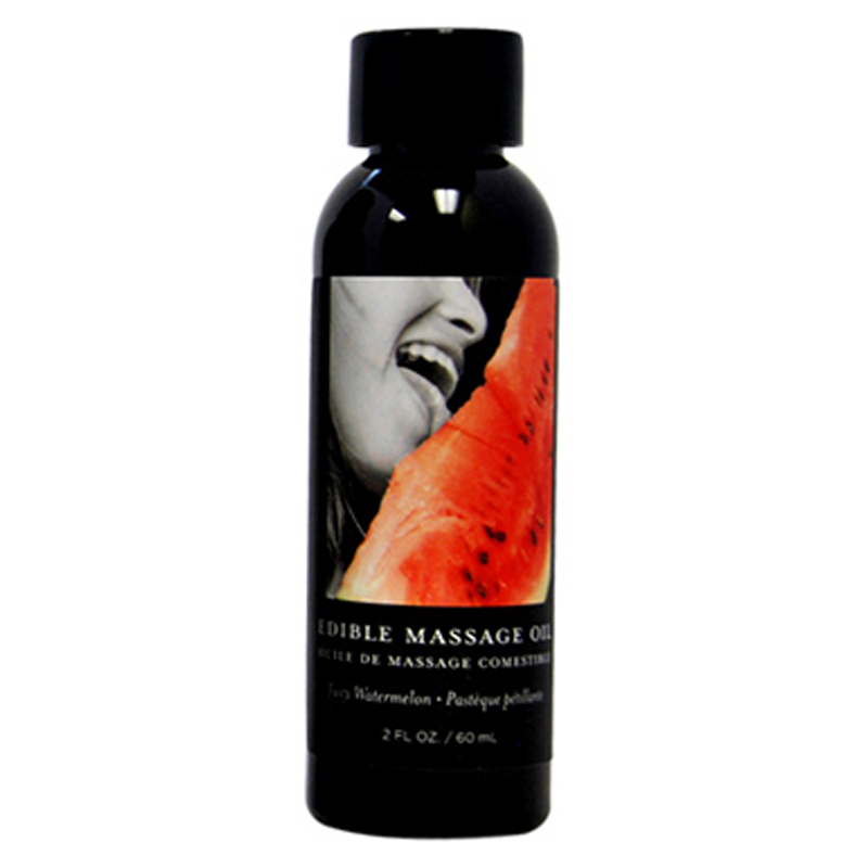 Black bottle of edible watermelon massage oil with a label showing a slice of watermelon and a person's mouth.