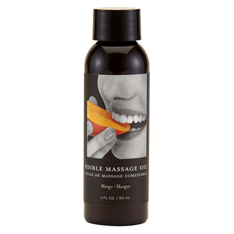 A bottle of Mango Edible Massage Oil with a black cap and label showing a mouth biting a mango slice.