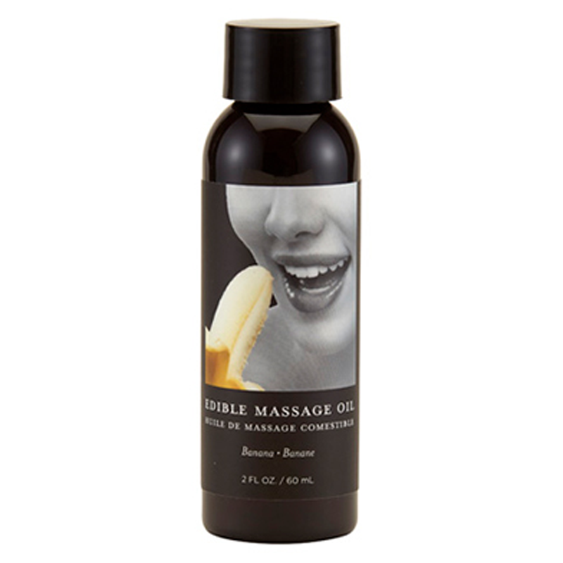 A bottle of banana-flavored edible massage oil with a black cap and label featuring a woman's mouth and a banana.