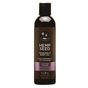 Bouteille d'huile de massage et corporelle à l'huile de chanvre et à la lavande.