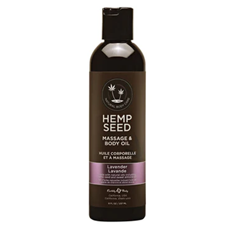 Bouteille d'huile de massage et corporelle à l'huile de chanvre et à la lavande.