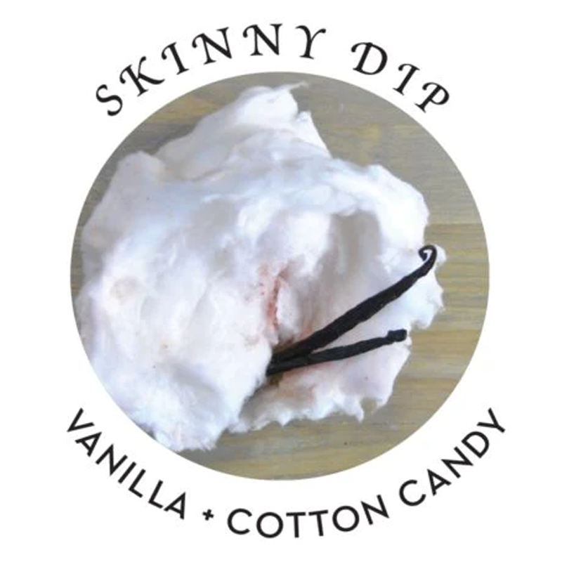 Cotton candy and vanilla bean with the words "Skinny Dip" and "Vanilla + Cotton Candy".