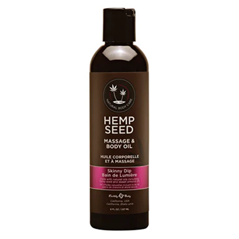 Hemp Seed Massage & Body Oil in Skinny Dip scent.