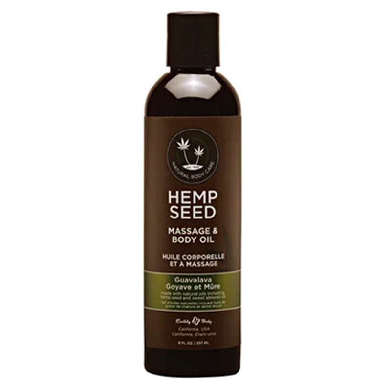 Guavalava Hemp Seed Massage Oil with a dark brown label and black cap.