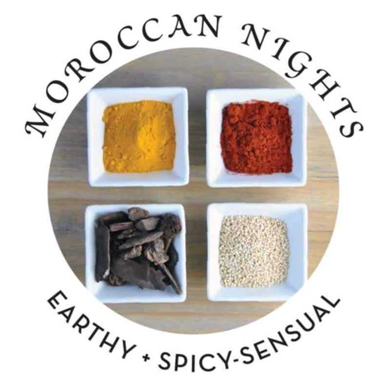 Four bowls of spices with text "Moroccan Nights" and "Earthy + Spicy-Sensual".