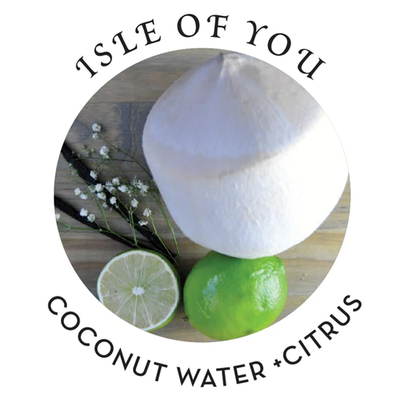 Coconut, lime, and vanilla bean with text "Isle of You Coconut Water + Citrus".