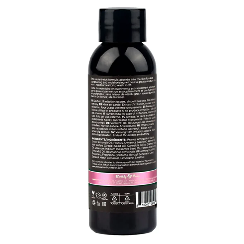 Zen Berry Rose Hemp Seed Massage Oil bottle with ingredients and recycling information.