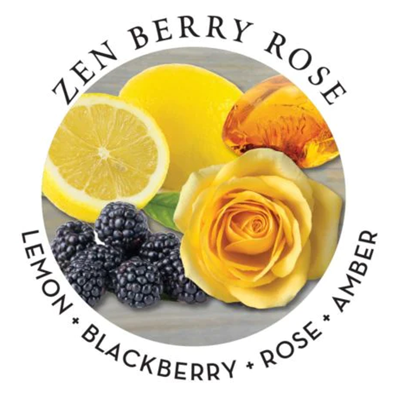 Zen Berry Rose massage oil with lemon, blackberries, rose, and amber.
