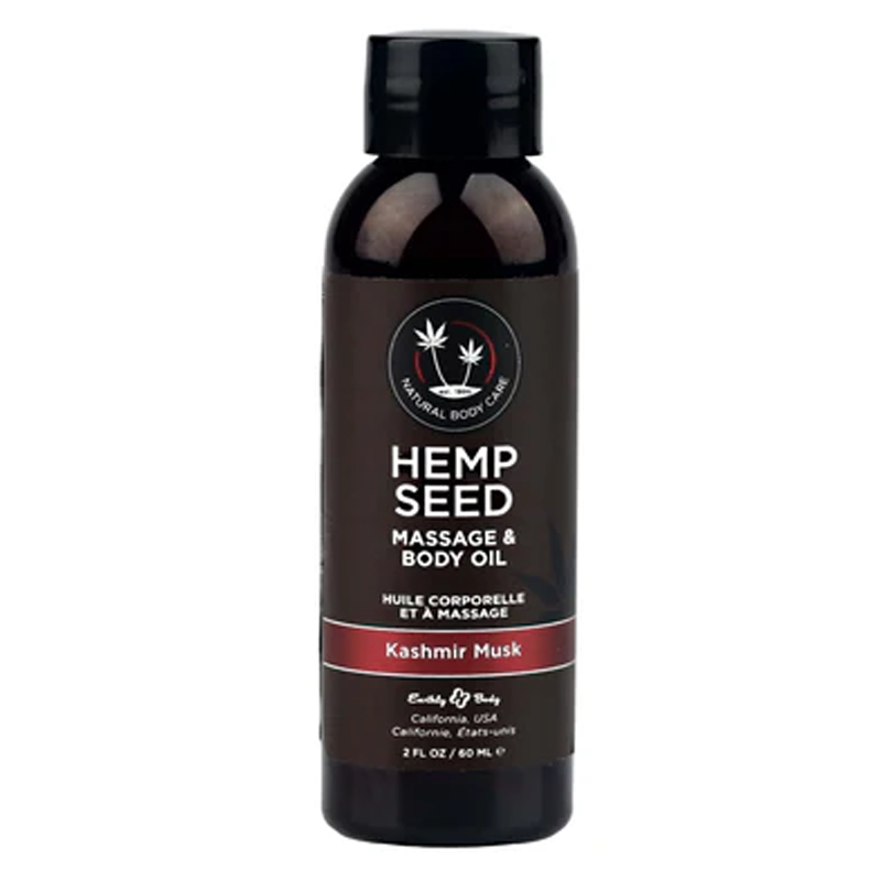 Kashmir Musk Hemp Seed Massage Oil bottle with black cap.