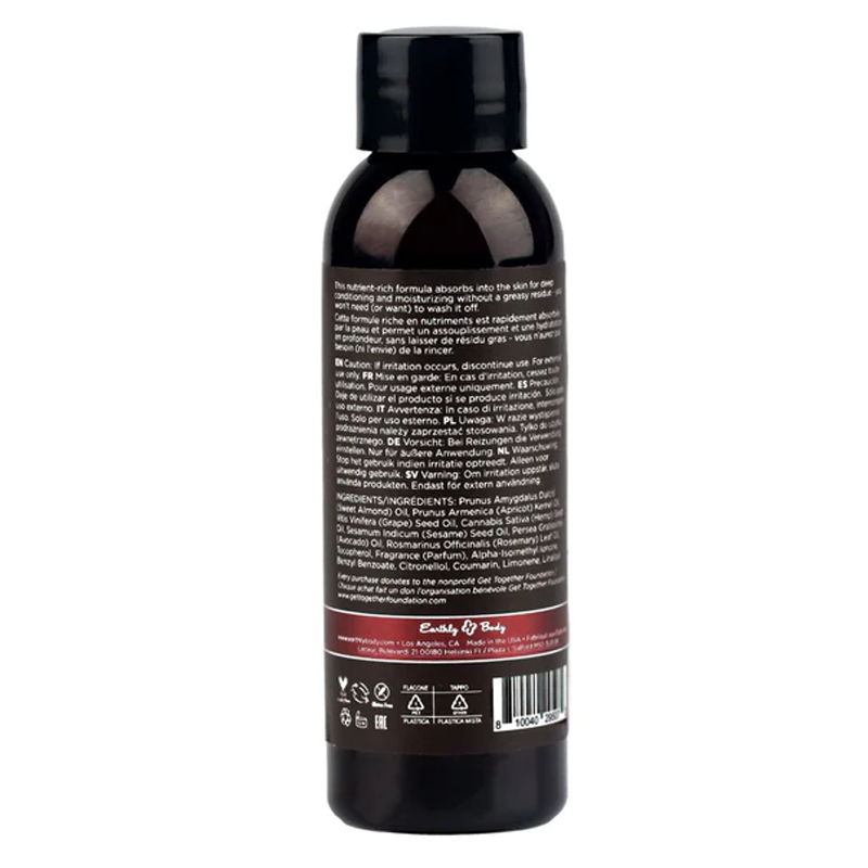 Kashmir Musk Hemp Seed Massage Oil bottle with ingredients and usage information.