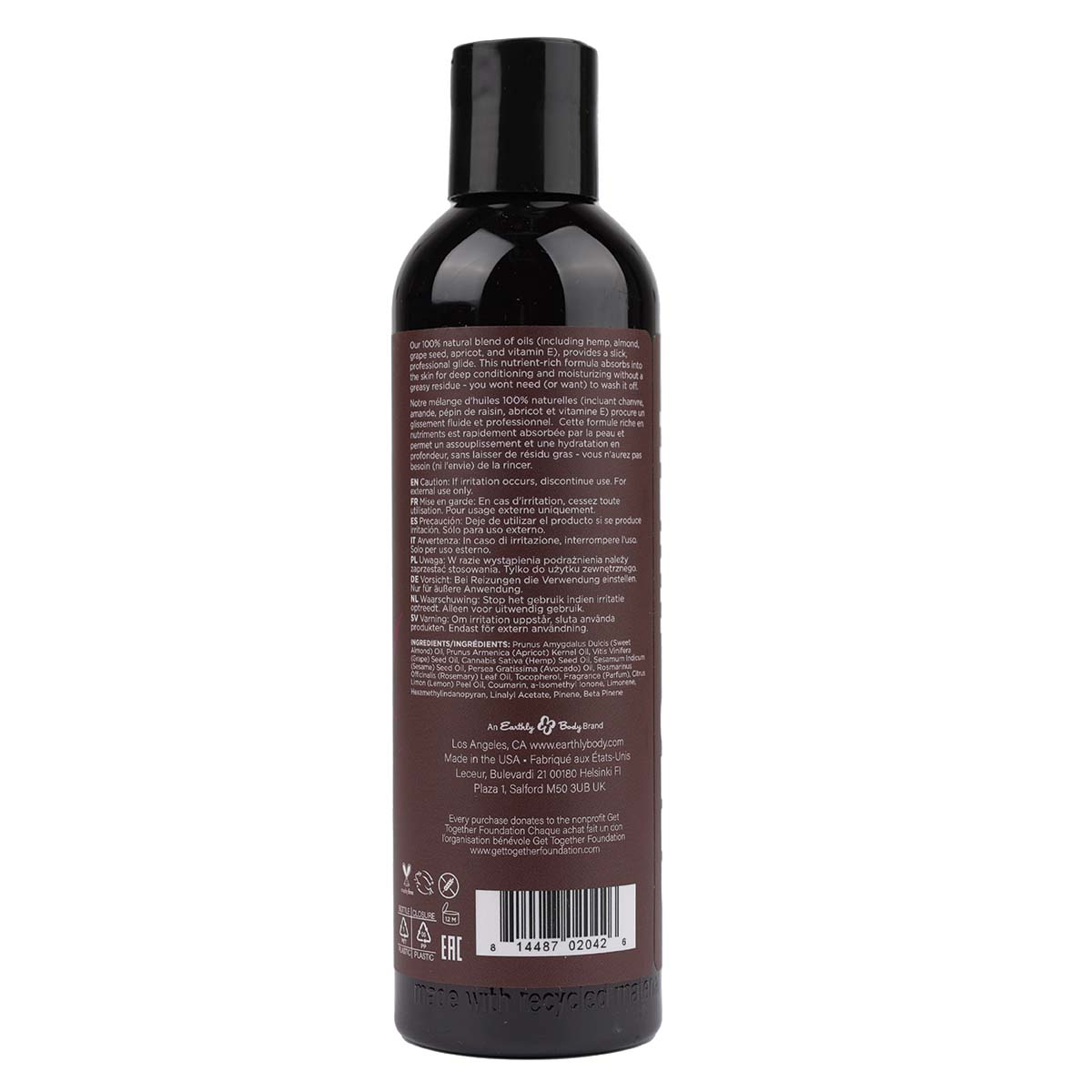 A dark brown bottle of Earthly Body Hemp Seed Massage Oil with text in multiple languages.