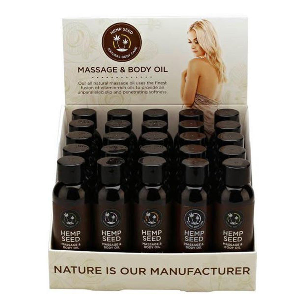 Display of 25 bottles of natural hemp massage and body oil.