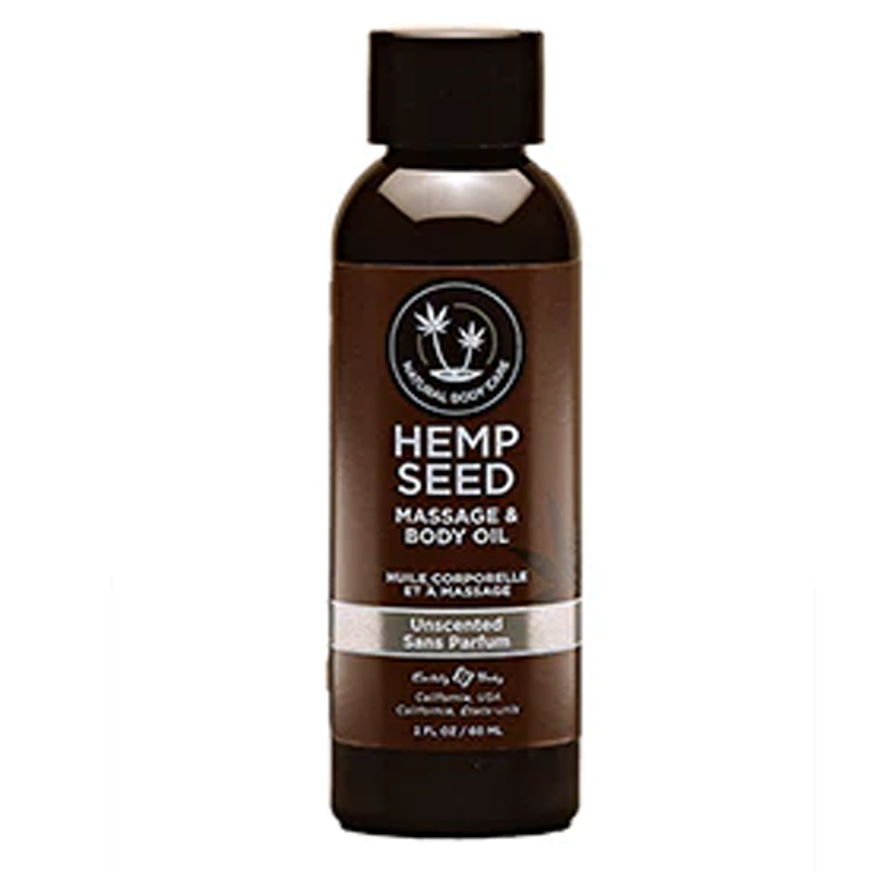 Unscented Hemp Seed Massage & Body Oil in a dark brown bottle.