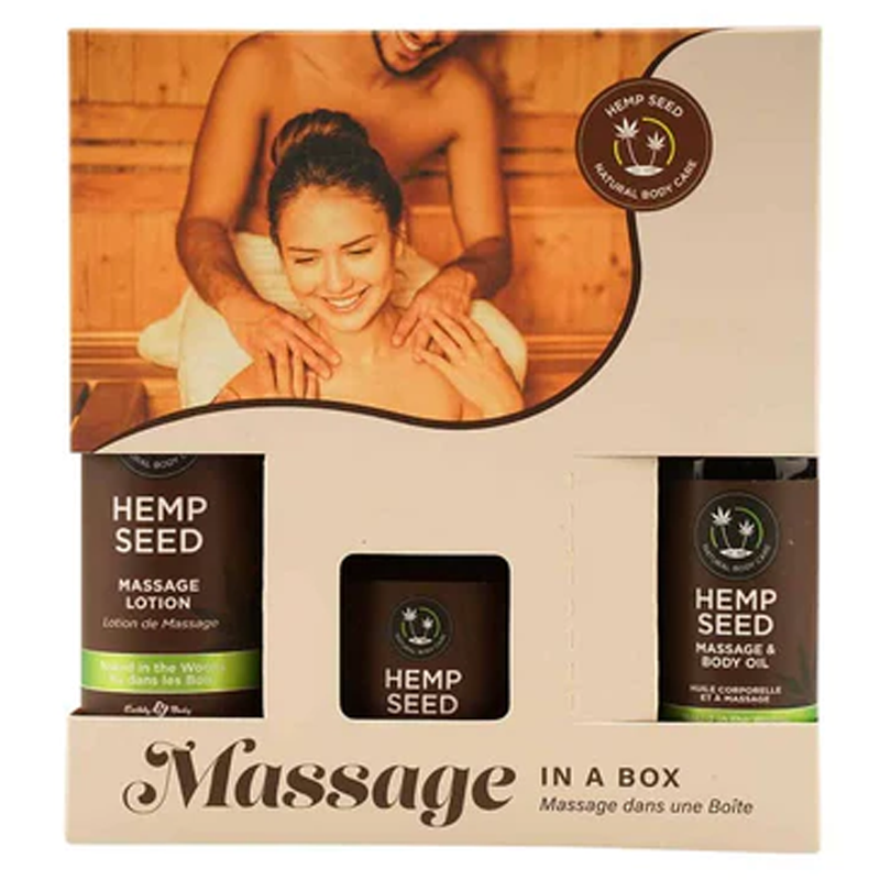 Hemp Seed Massage Gift Set with lotion, candle, and oil.