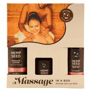 Hemp Seed Massage Gift Set with oil, lotion, and candle.