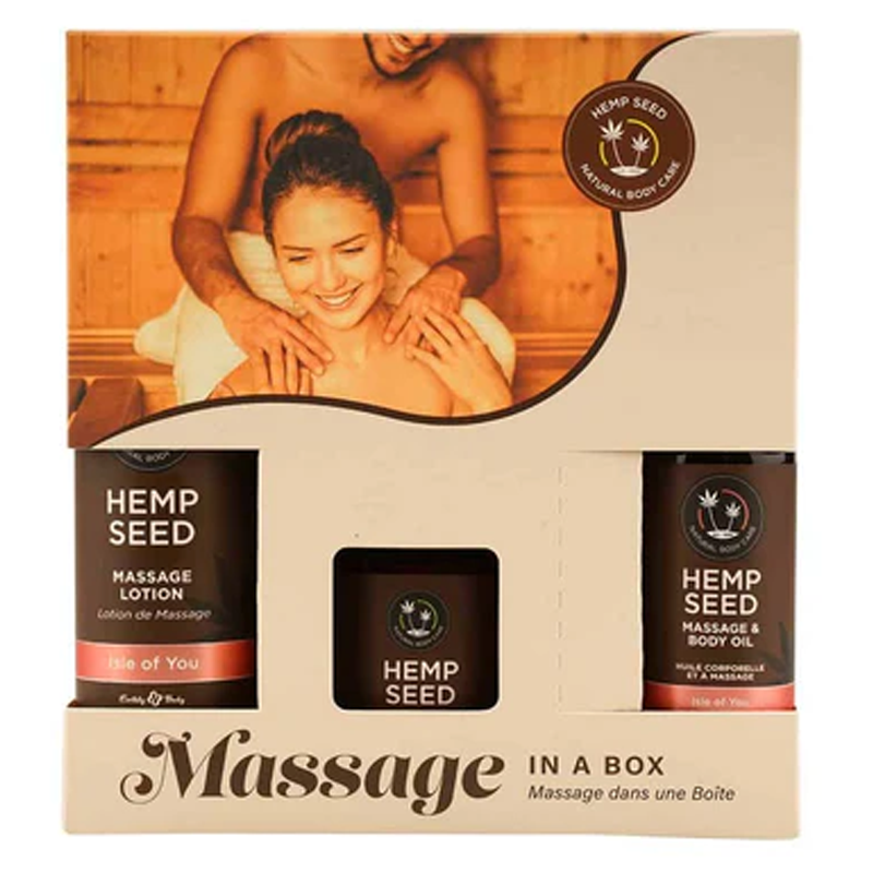 Hemp Seed Massage Gift Set with oil, lotion, and candle.