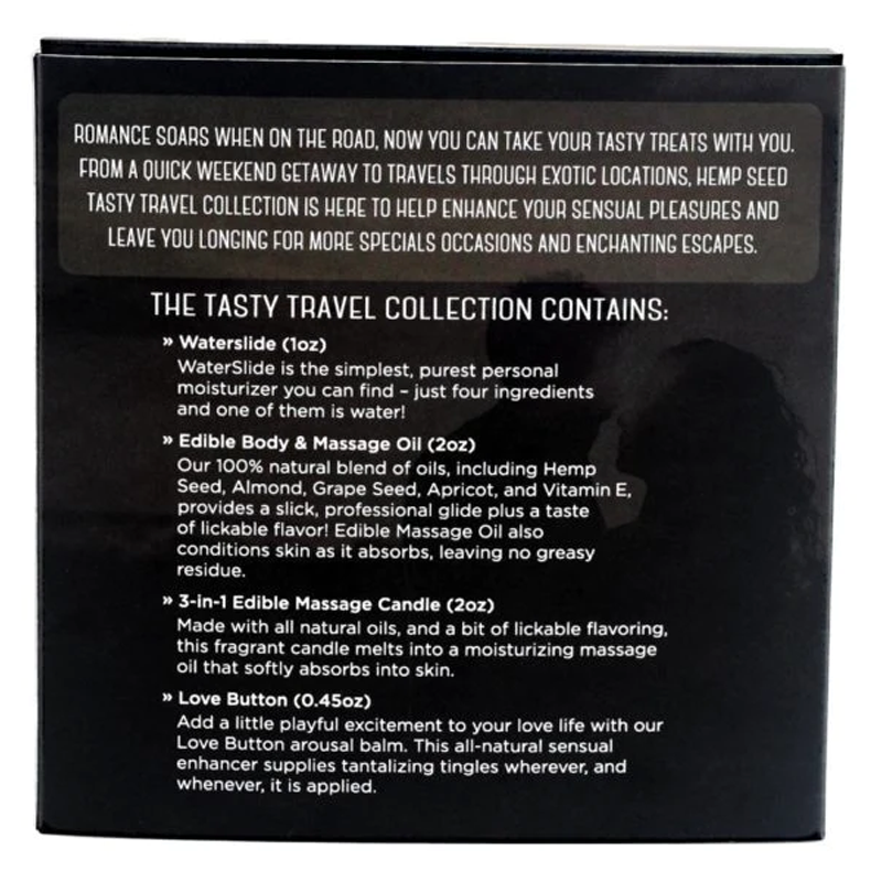 Earthly Body Tasty Travel Collection with massage oil, candle, and lube.