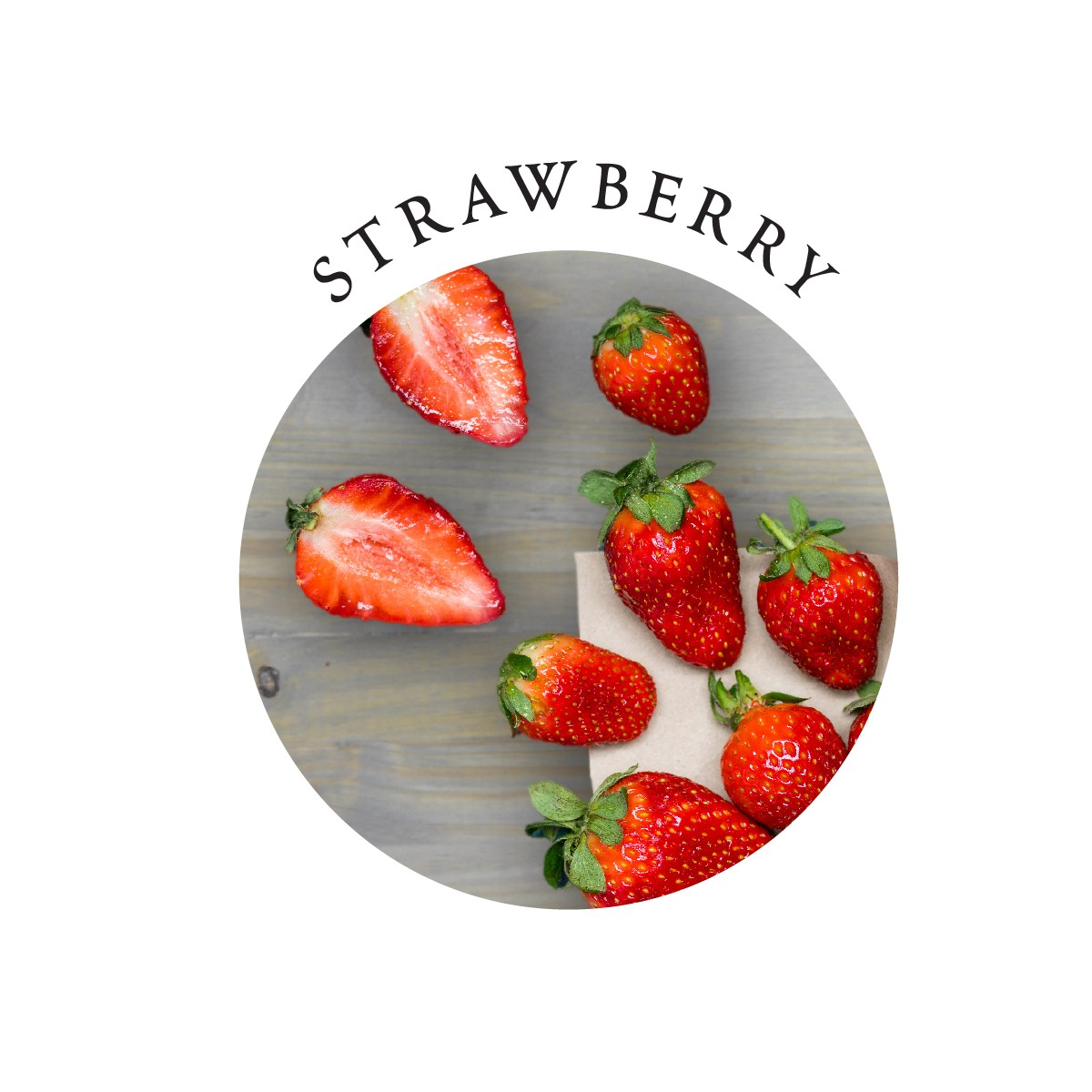 Fresh strawberries are arranged on a wooden surface with the word "STRAWBERRY" above.