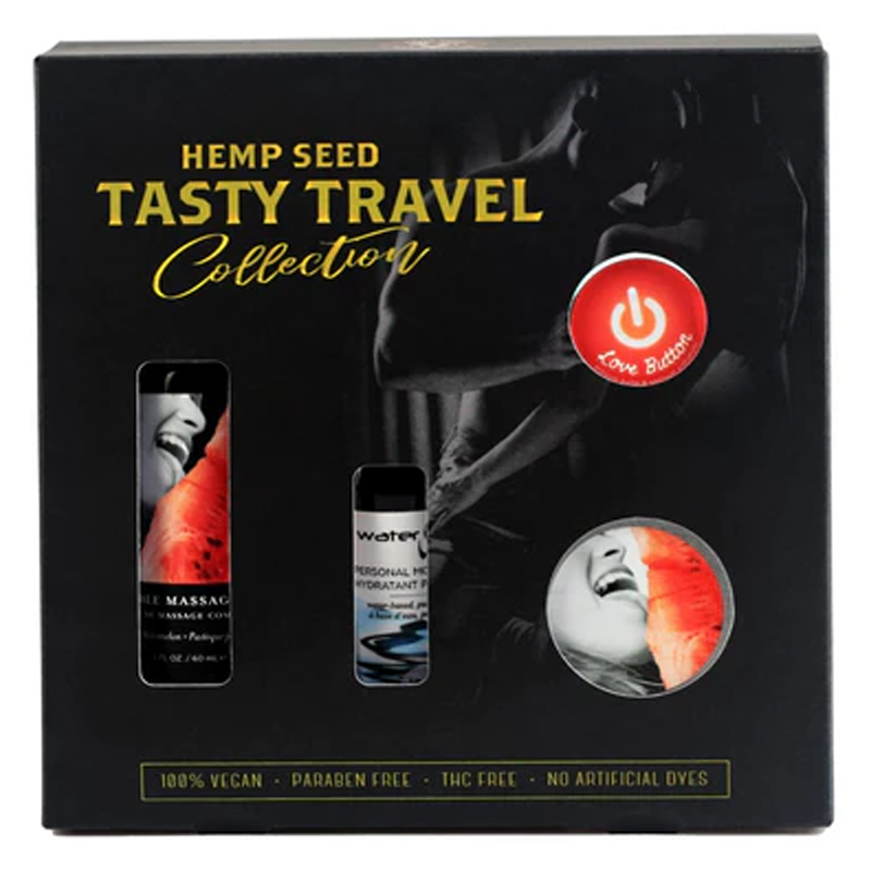 Tasty Travel Edible Massage and Lube Gift Set with watermelon imagery.
