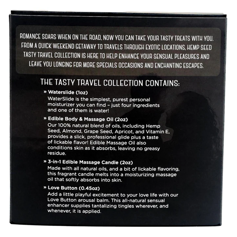 A gift set containing edible massage oil, candle, waterslide, and love button.
