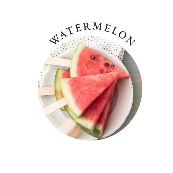 Slices of watermelon on sticks in a bowl with the word watermelon above.