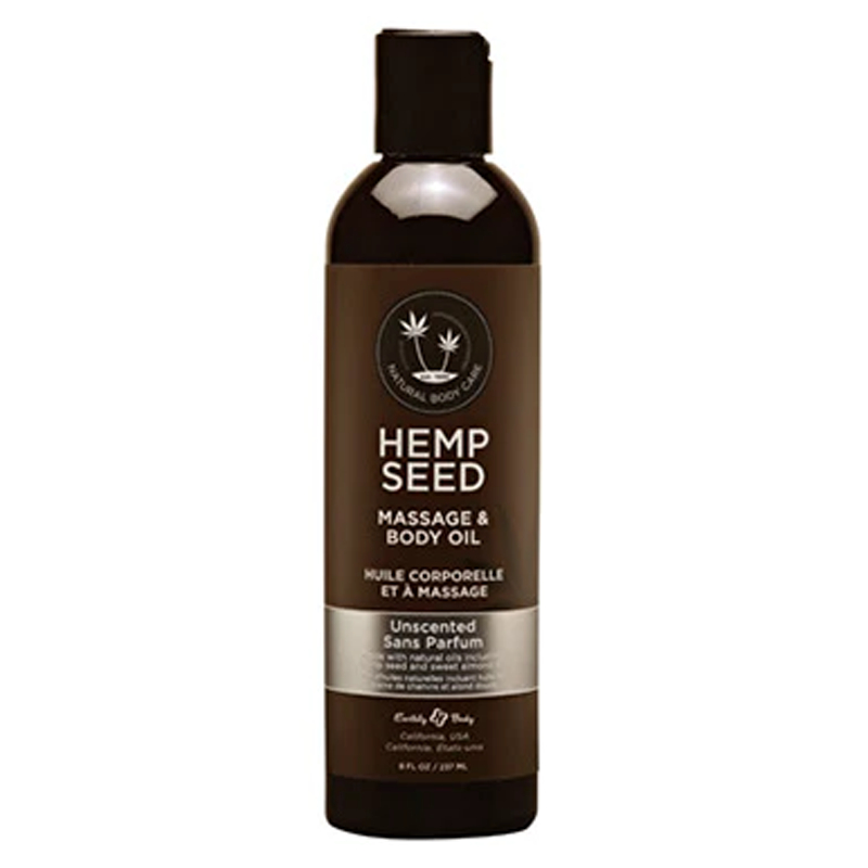 Unscented Hemp Seed Massage & Body Oil in a dark brown bottle.