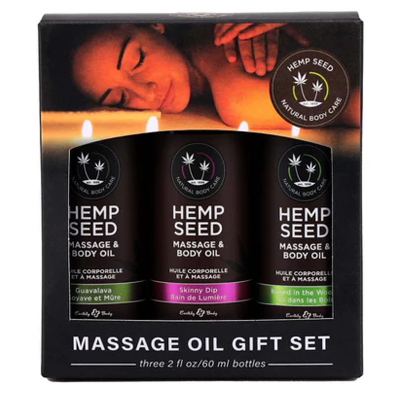 Hemp Seed Massage Oil Trio Gift Set with three scents.