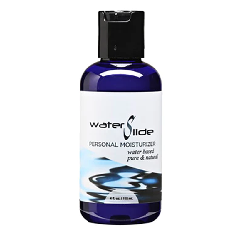 Blue bottle of Water Slide personal moisturizer with black cap.