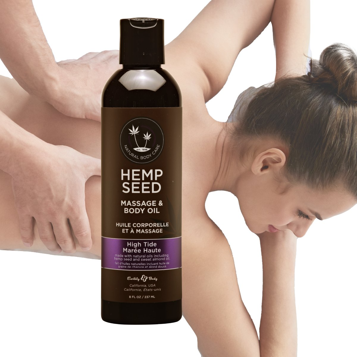 Hemp Seed Massage Oil in High Tide scent, 8 fl oz bottle.
