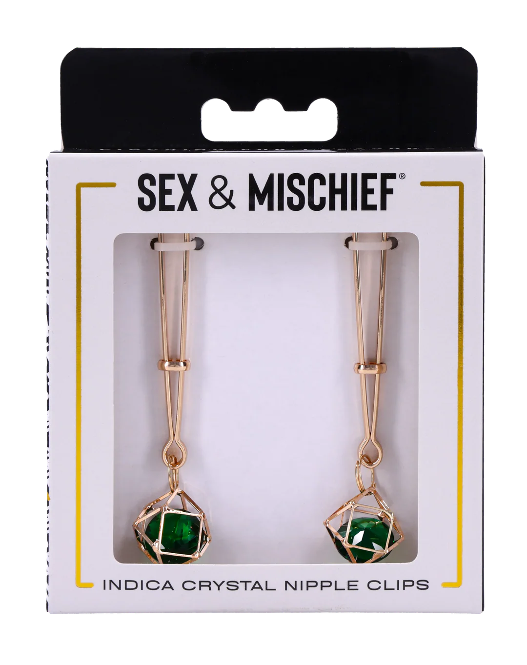 Gold-toned nipple clips with green crystal accents in a white box.