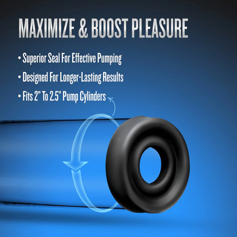 A black silicone pump sleeve with a blue arrow graphic indicating a seal.