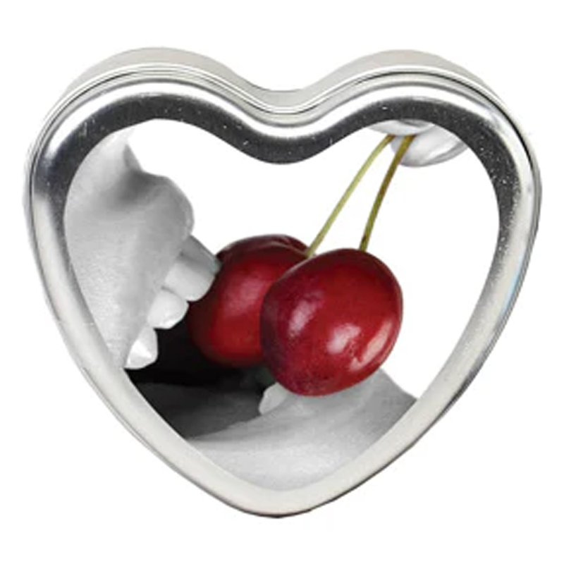 Heart-shaped edible massage candle with cherries.