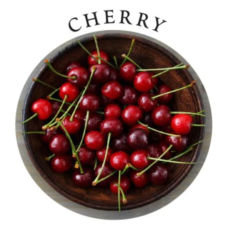A bowl of fresh cherries with the word "CHERRY" above.