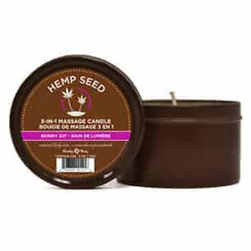 Hemp Seed 3-in-1 massage candle in a brown tin.