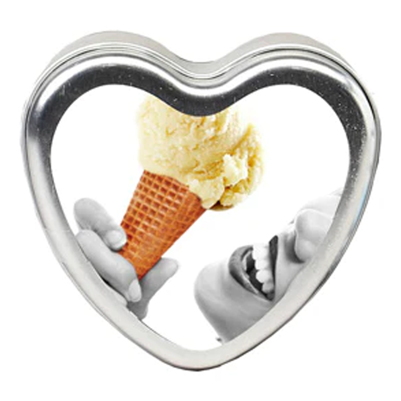 Heart-shaped tin with vanilla ice cream cone and smiling face reflection.