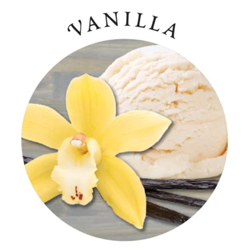 Vanilla edible massage candle and moisturizer with a vanilla orchid and ice cream.