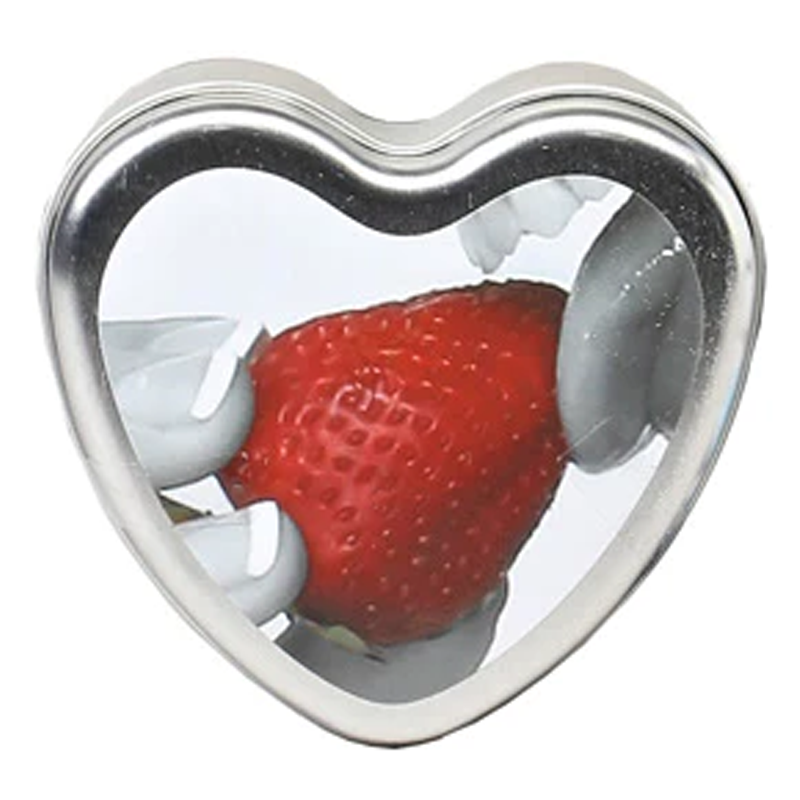 Heart-shaped edible massage candle with a strawberry image.