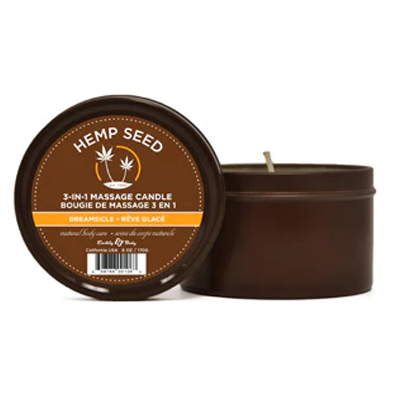 Hemp Seed Dreamsicle 3-in-1 massage candle in a brown tin.