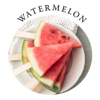 Slices of watermelon on sticks in a bowl with the word watermelon above.