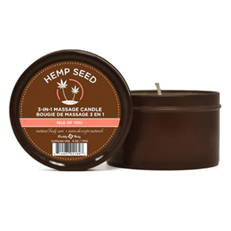 Hemp Seed 3-in-1 massage candle in a brown tin with the scent Isle of You.