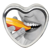 Heart-shaped tin with a person eating a mango slice.