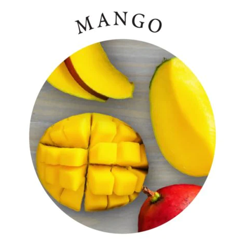 Mango edible massage candle and moisturizer with sliced mangoes.