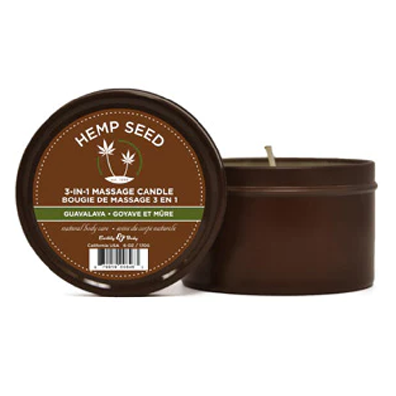 Hemp Seed 3-in-1 massage candle in a brown tin with a Guavalava scent.
